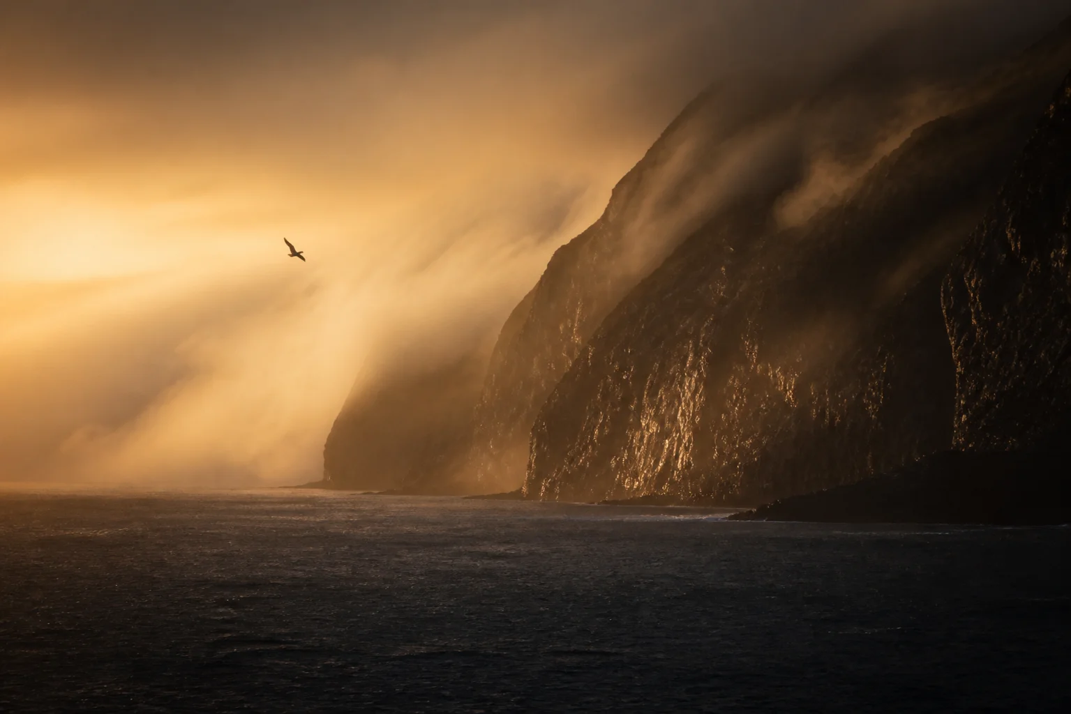 Artlist AI art: a fog-wrapped coastal cliff scene, generated from a single text prompt