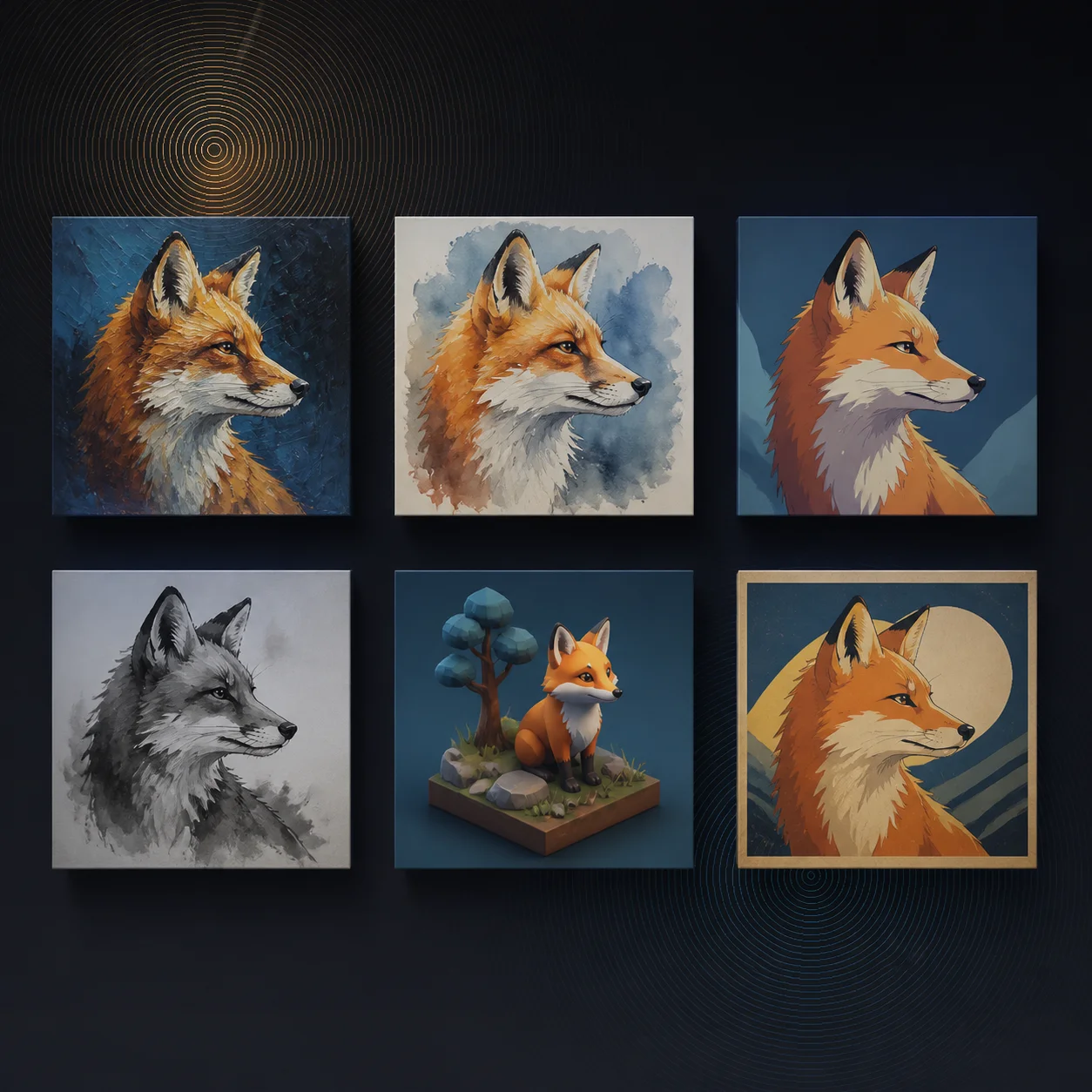 Grid of Artlist AI art samples, each an AI-rendered take on the same subject across six different art styles