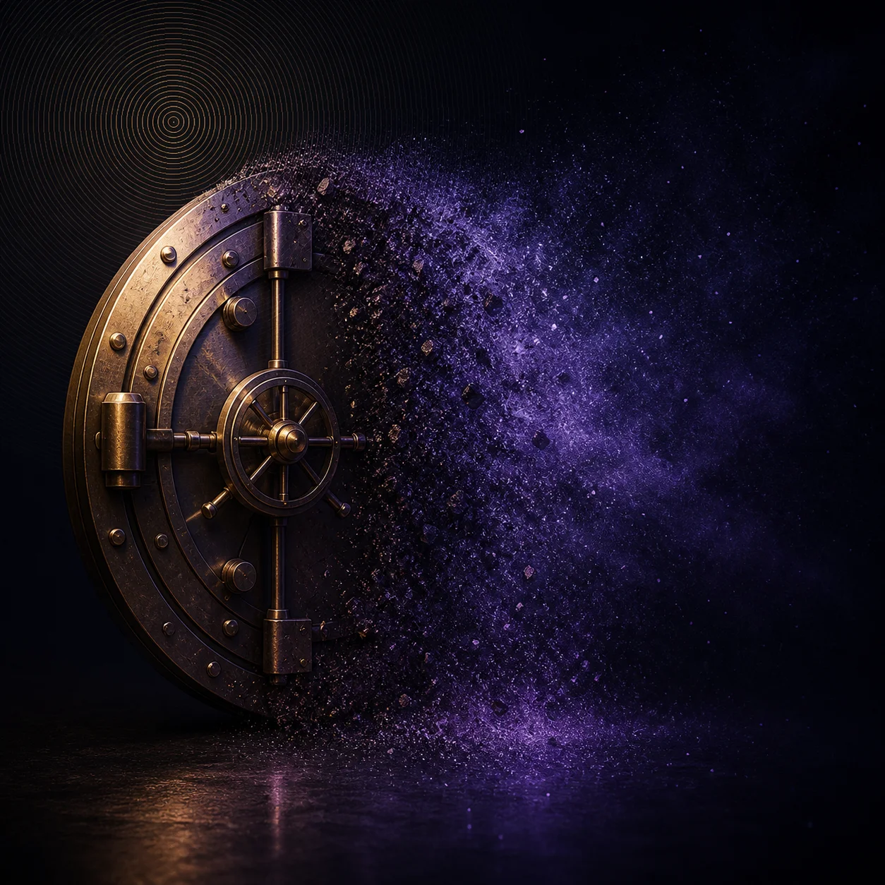 Stylised Artlist AI art, an AI-rendered vault dissolving into violet particles, representing prompt privacy