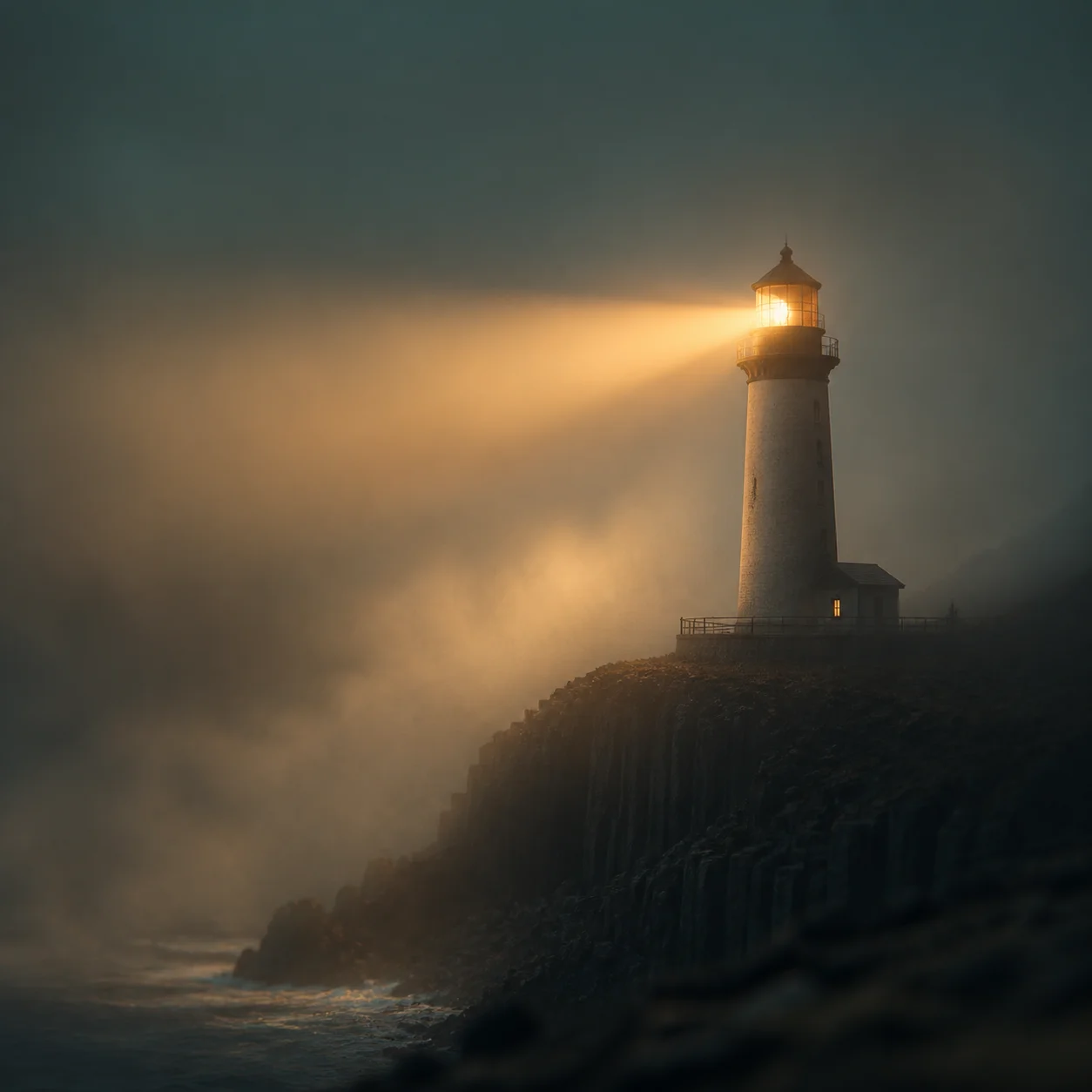 Artlist AI art example: a lighthouse on a basalt cliff in heavy dusk fog, cinematic style
