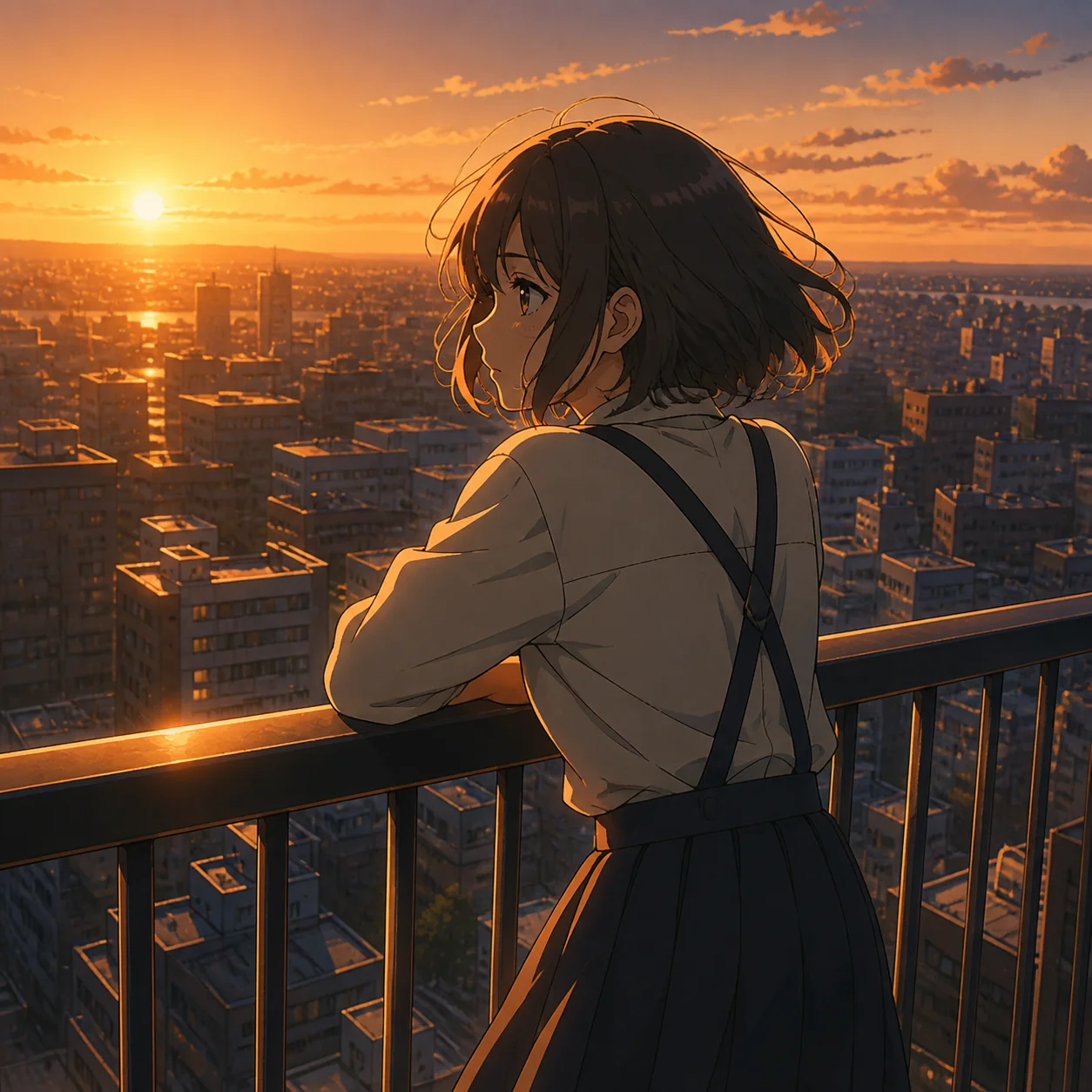 Artlist AI art example: an AI-rendered girl on a rooftop at golden hour in crisp anime linework