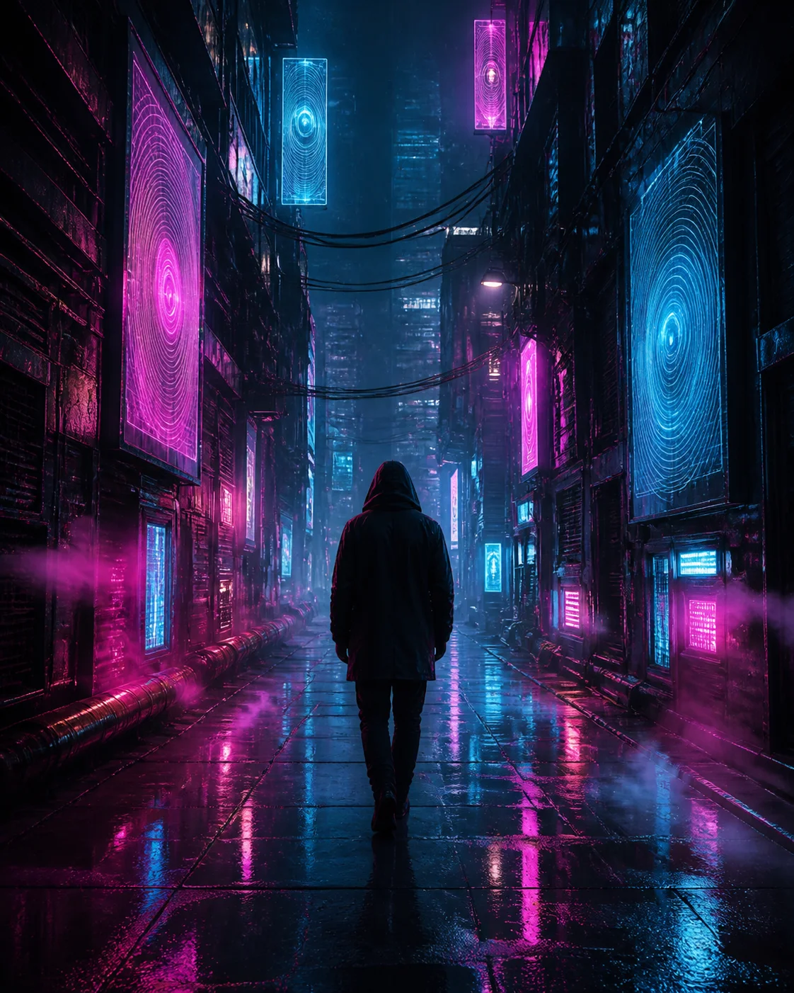 Artlist AI art example: an AI-rendered neon alley, rain-slick with holographic signage, cyberpunk style