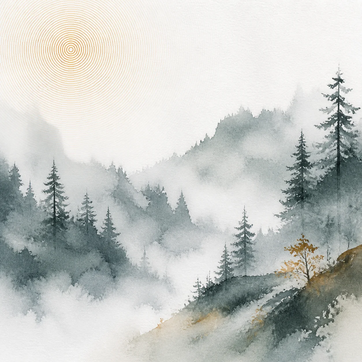 Artlist AI art example: an AI-rendered misty pine valley painted in loose watercolour washes
