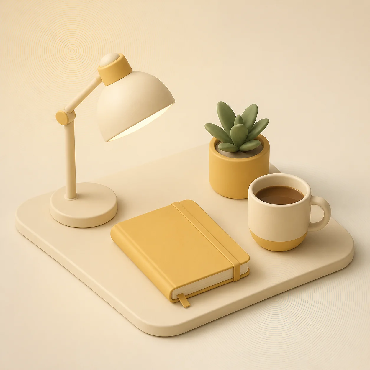 Artlist AI art example: an AI-rendered isometric clay-material desk scene in soft studio light
