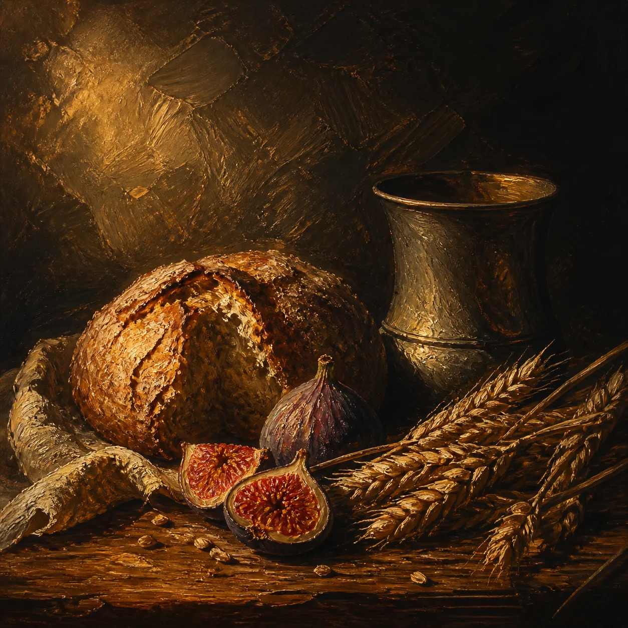 Artlist AI art example: an AI-rendered harvest table still life in thick impasto oil paint