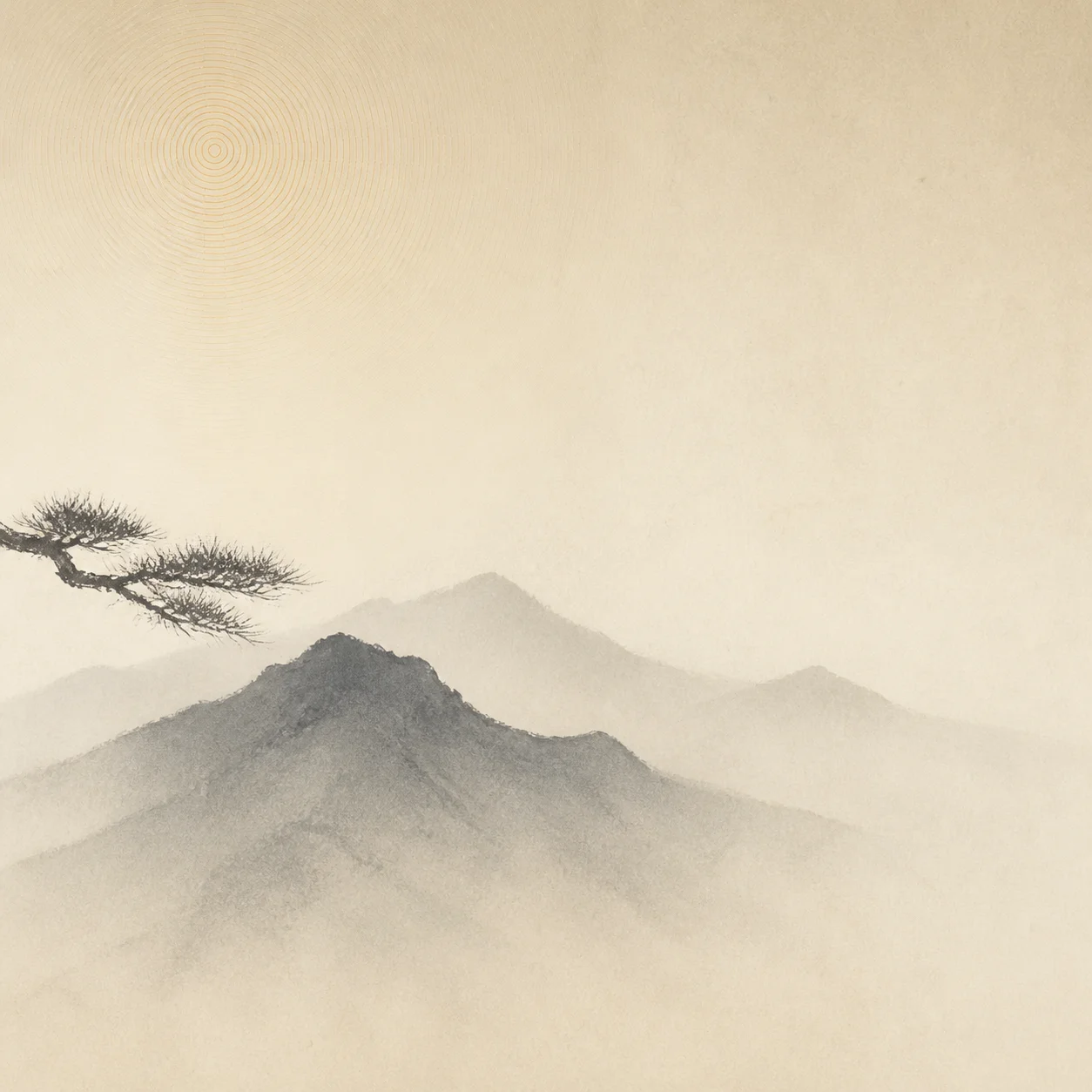 Artlist AI art example: an AI-rendered mountain range in minimal sumi-e ink wash with wide negative space