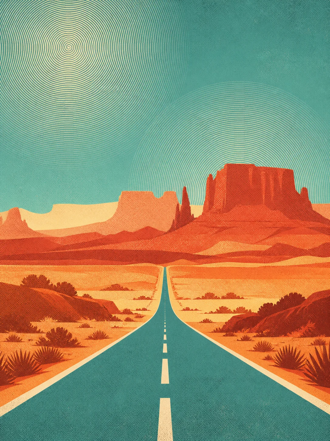 Artlist AI art example: a mid-century travel poster of a desert highway in flat colour