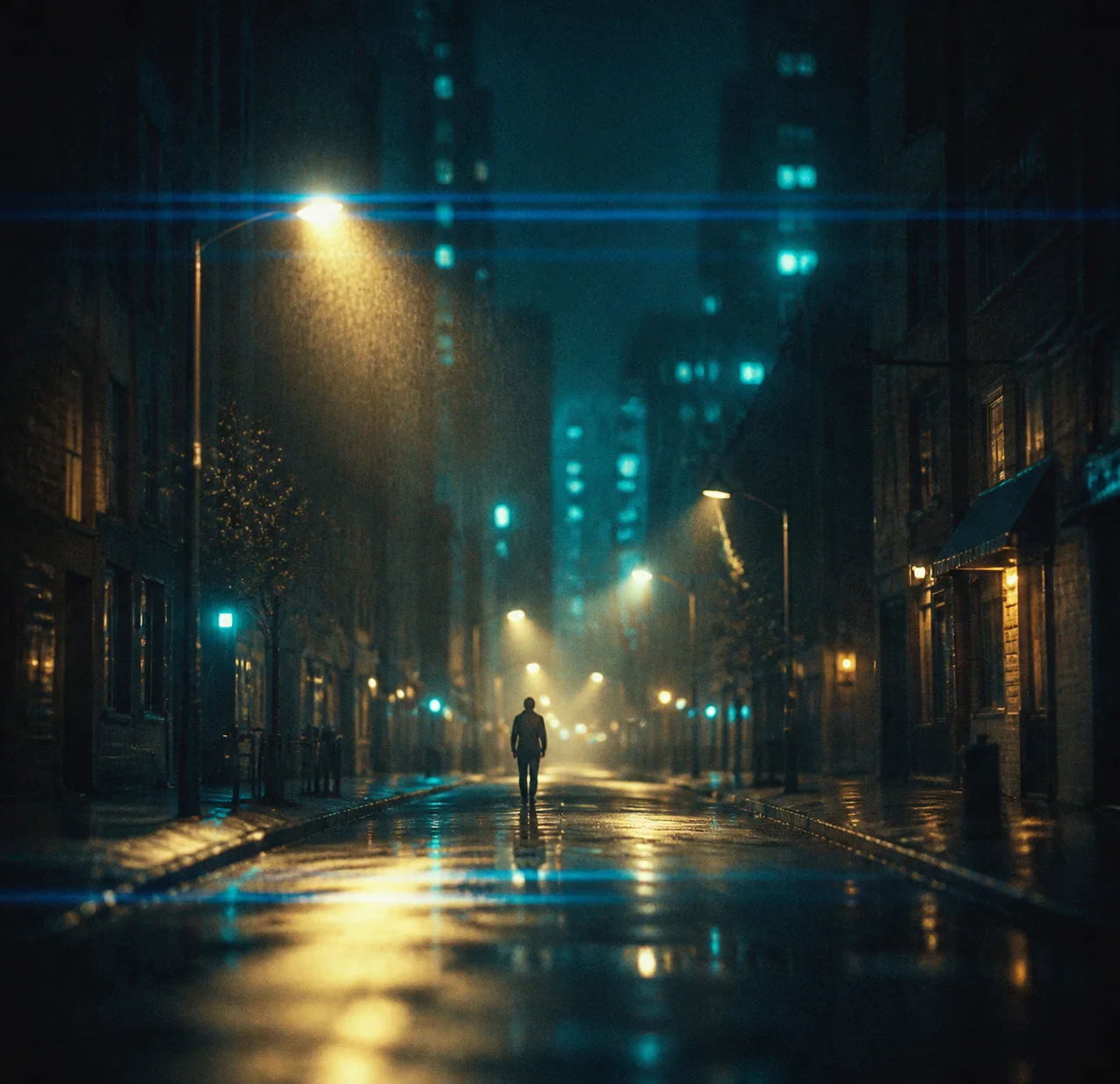 Cinematic AI art style sample from the Artlist AI art generator: an AI-rendered rain-soaked street at night with anamorphic lens flare