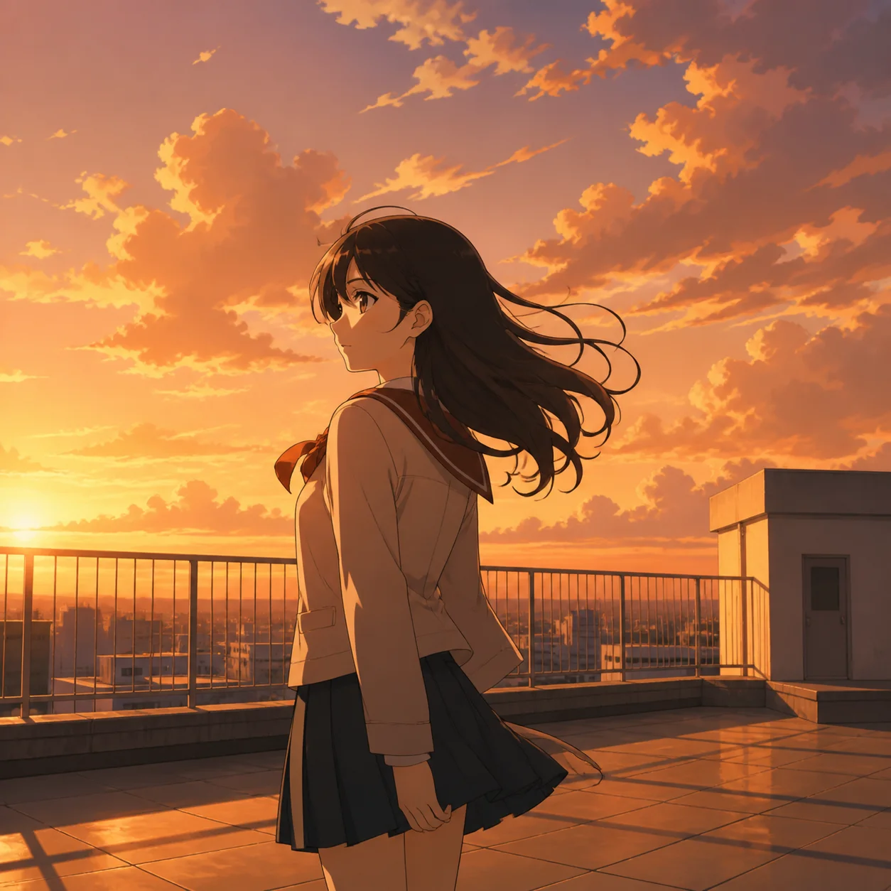 Anime AI art style sample from the Artlist AI art generator: an AI-rendered rooftop at golden hour with crisp cel-shaded linework