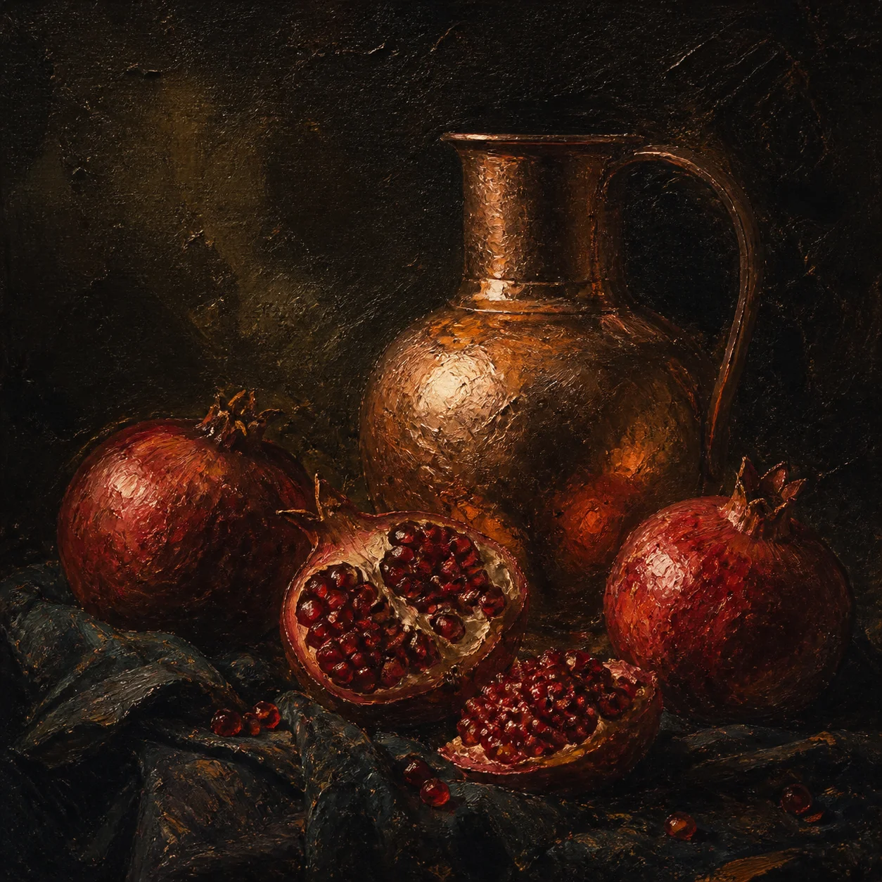 Oil painting AI art style sample from the Artlist AI art generator: an AI-rendered still life with heavy impasto brushwork