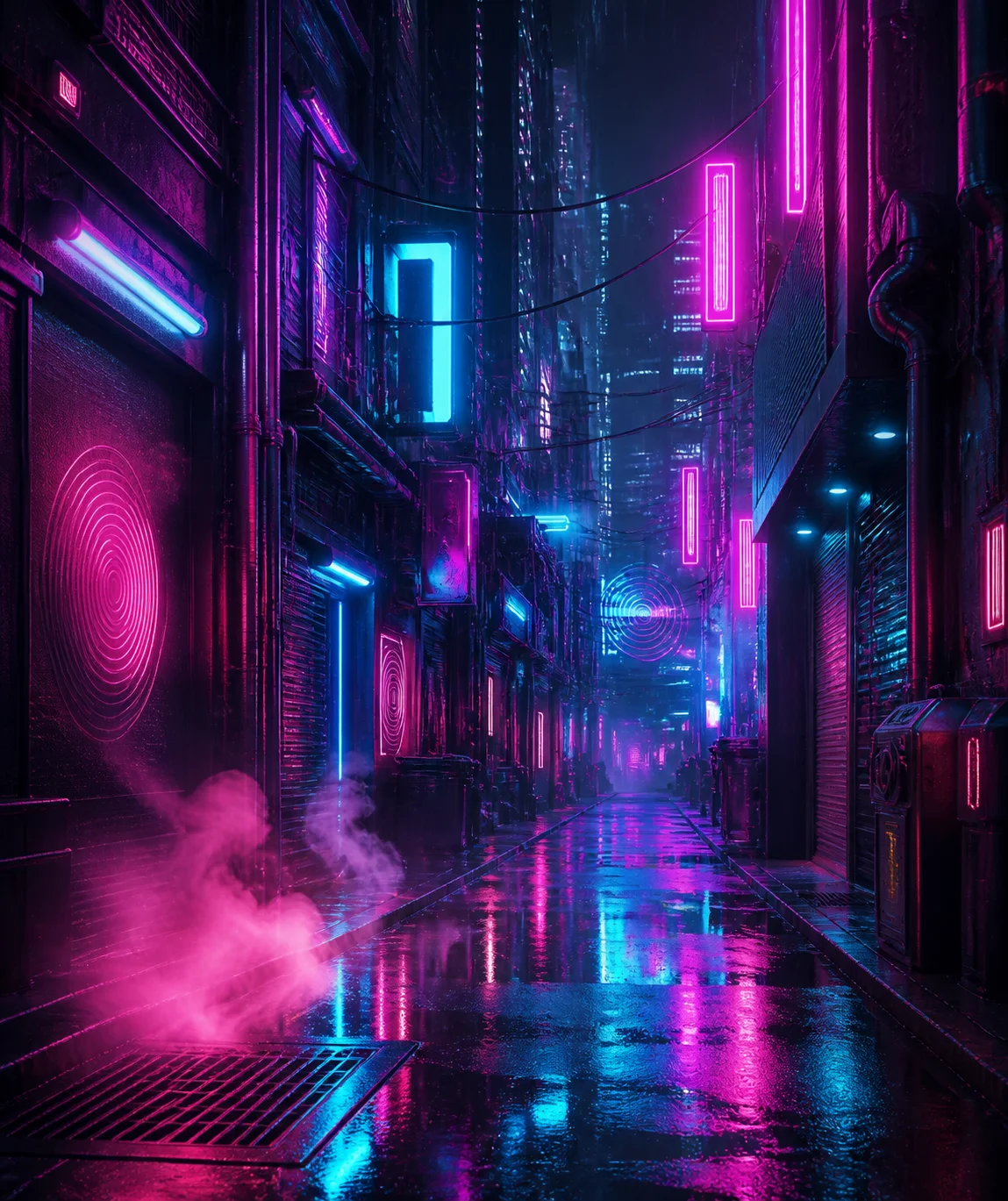 Cyberpunk AI art style sample from the Artlist AI art generator: an AI-rendered neon alley with volumetric haze and wet reflections