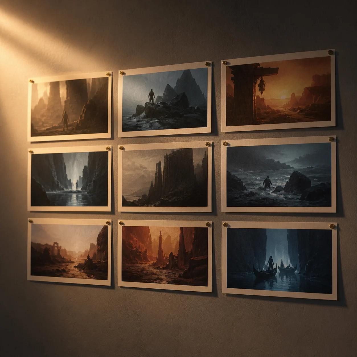 A sequence of AI-generated concept frames from the Artlist AI art generator, pinned together as a storyboard wall